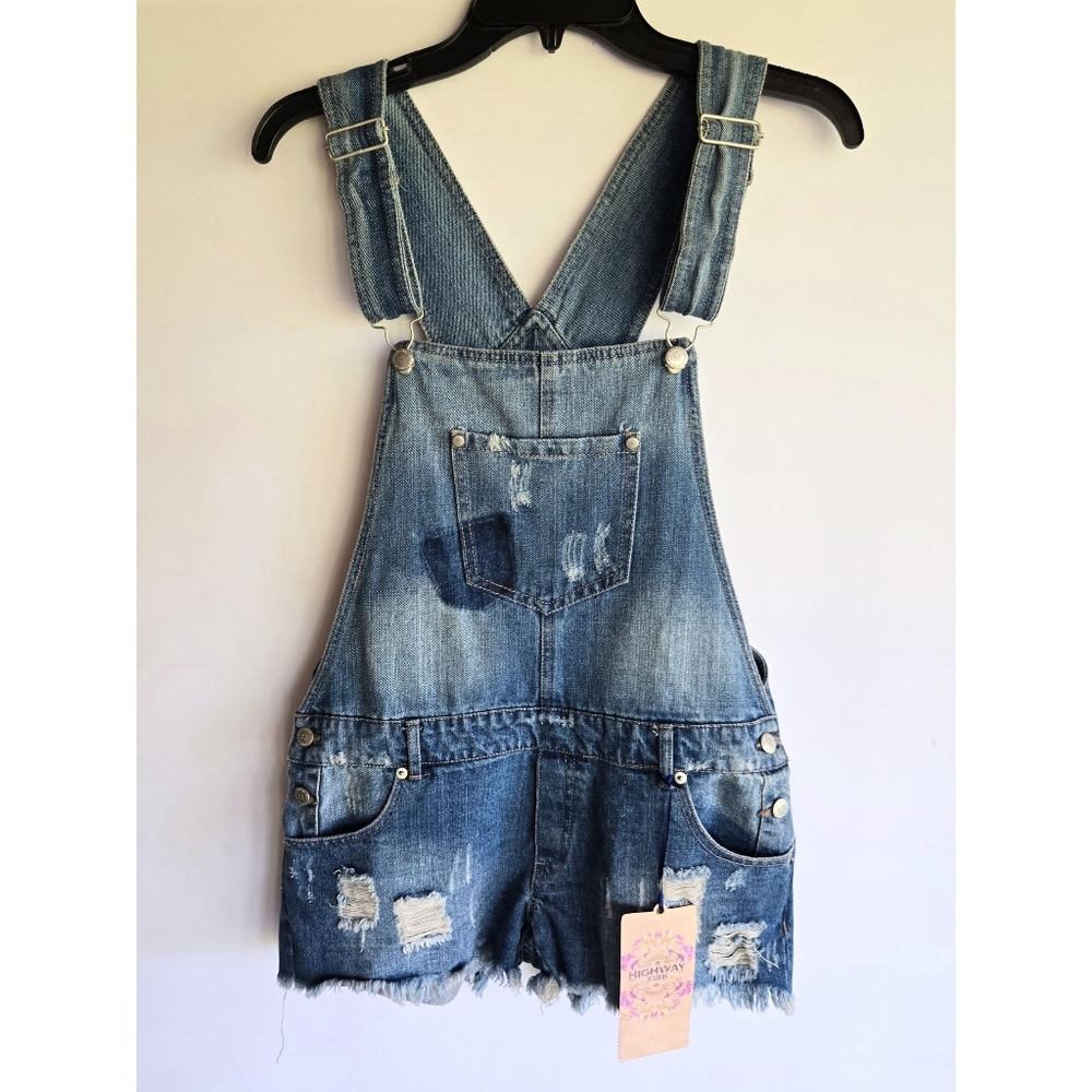 NWT Highway Jeans Distressed Denim Shot Overalls Size L Blue